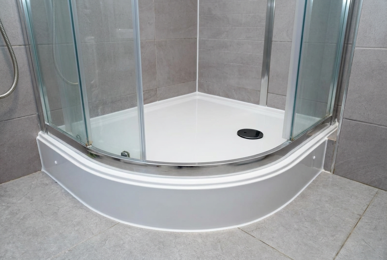 Curved shower bath with a clean silicone line