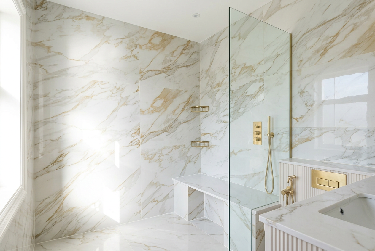 Polished marble shower with a precise seal
