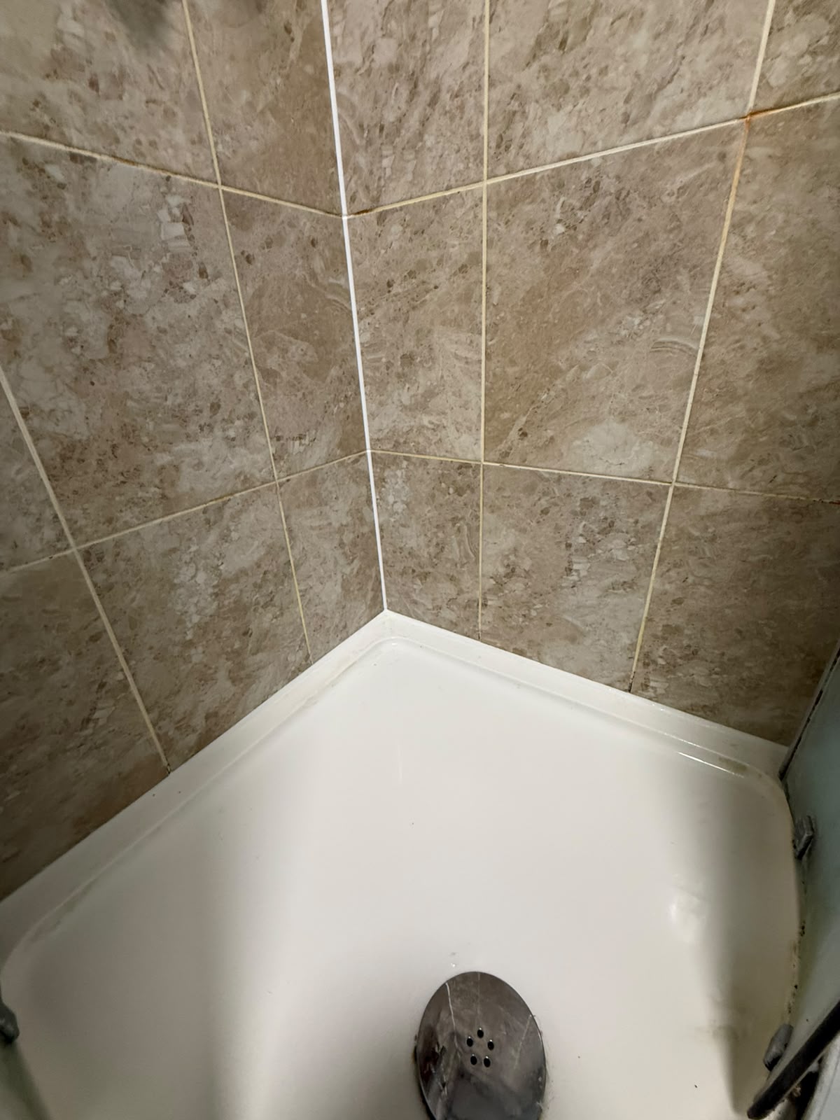 Tiled shower corner and tray resealed by Blackline Mastic