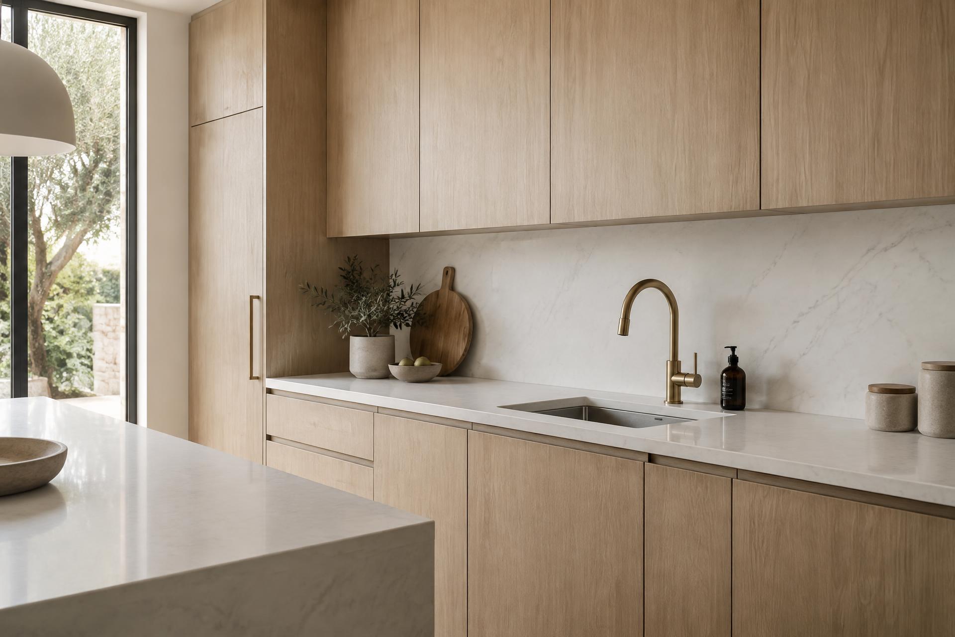 Modern kitchen with marble splashback sealed by Blackline Mastic