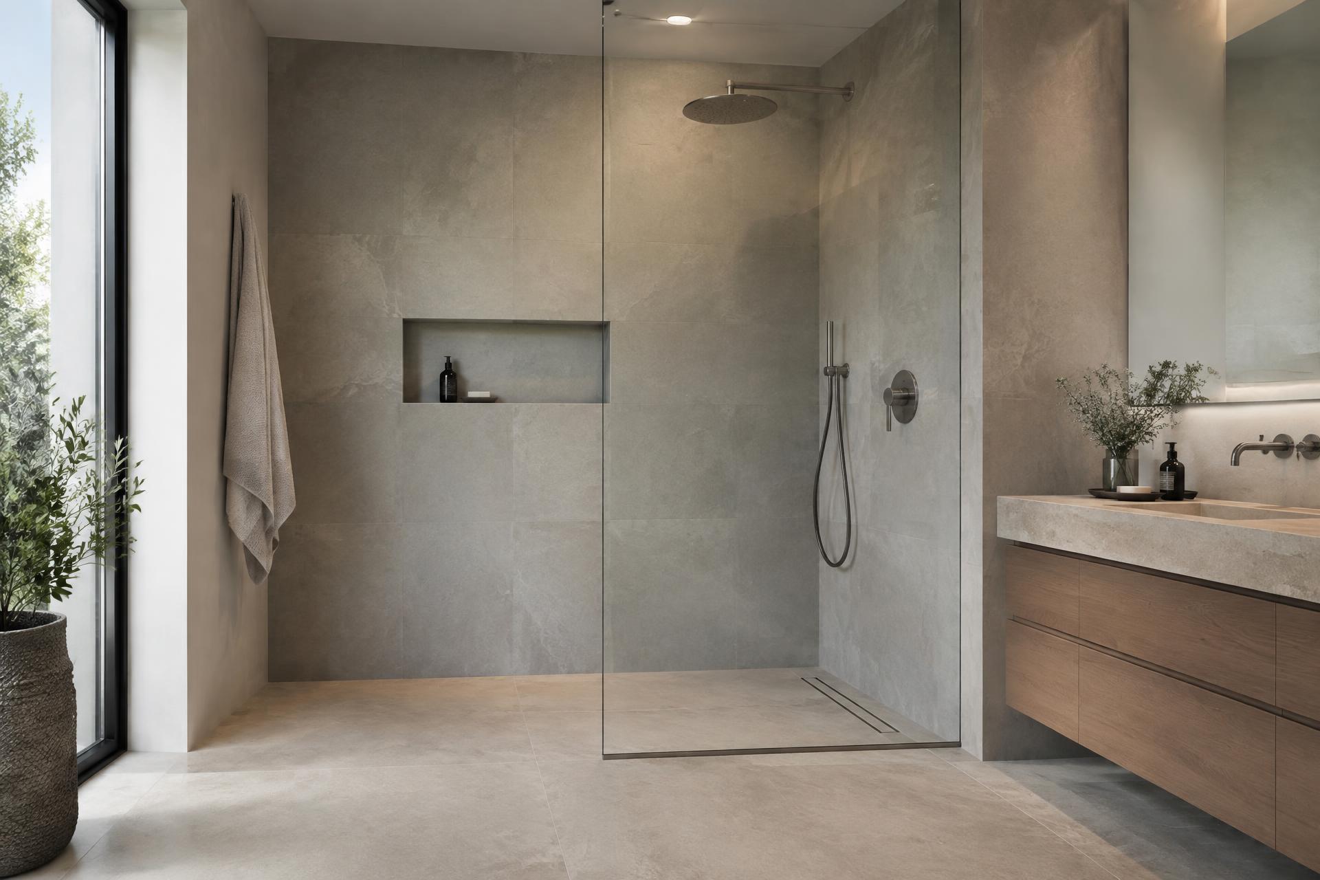 Marble wetroom with a glass shower screen sealed by Blackline Mastic